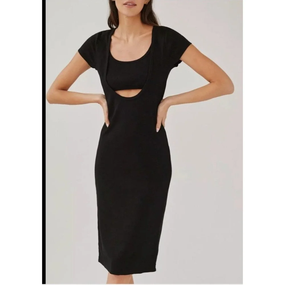 Anthropologie t.la Black Ribbed‎ Cutout Midi Bodycon Dress XS New LBD NWT